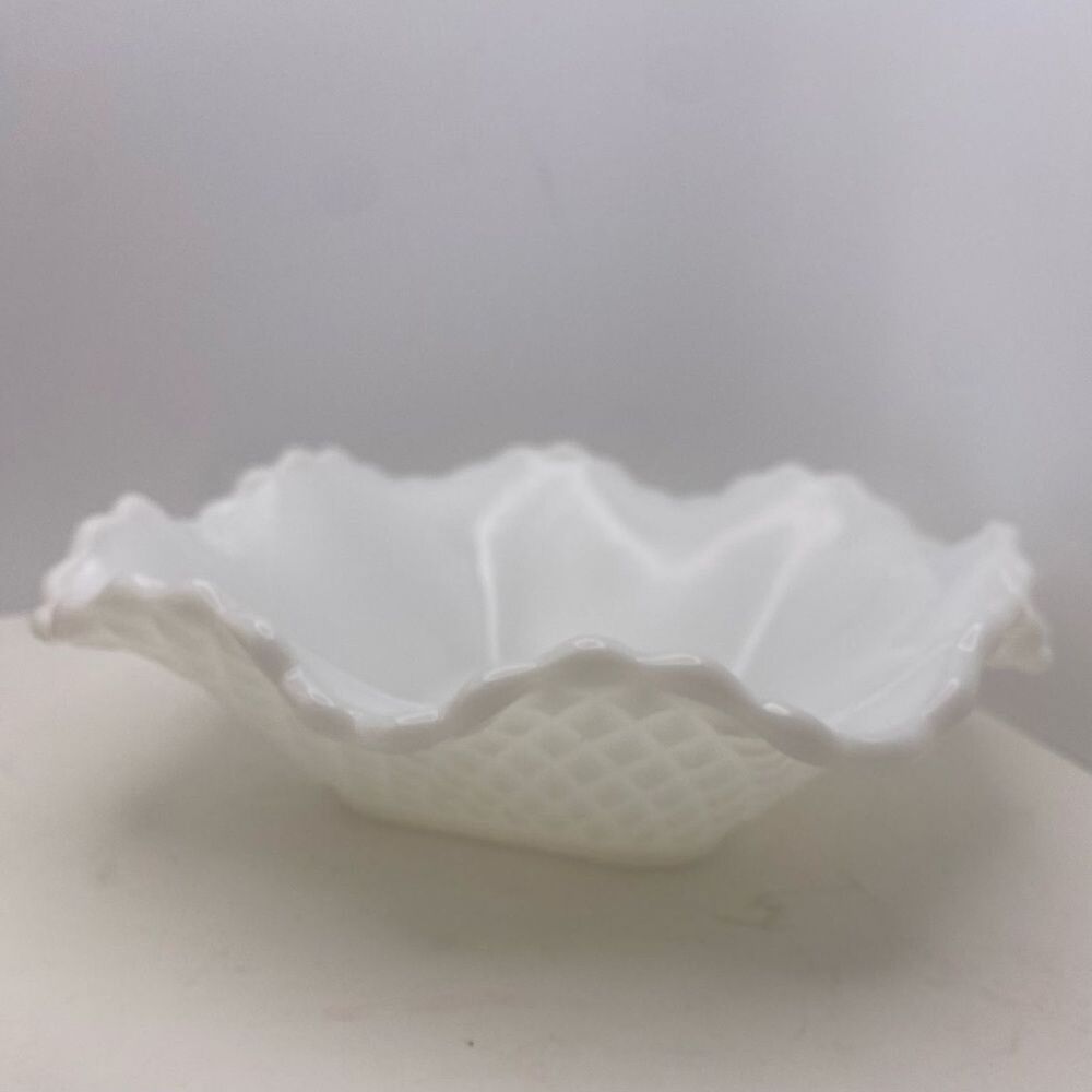 Vintage White Milk Glass Square Ruffled Edge Diamond Design Bowl